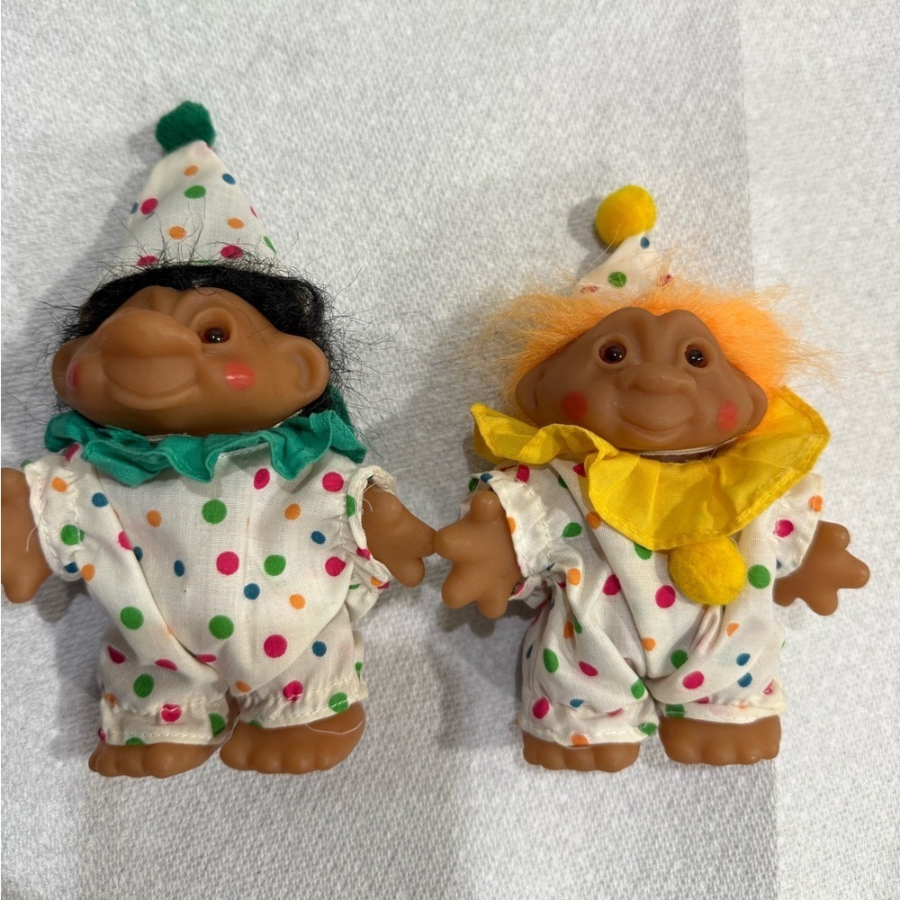 Vintage Dam 1986 Set of 2 Orange Hair Troll Doll Clown Figure Black Hair Troll